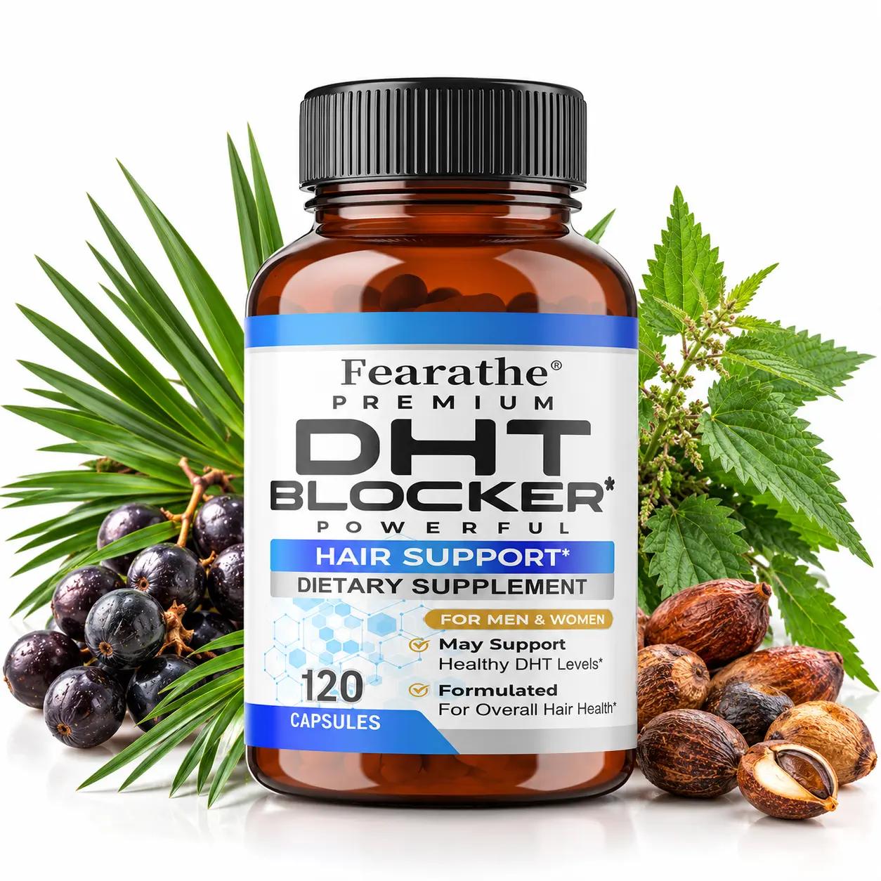 Fearathe DHT Blocker Hair Support Supplement with Biotin, Saw Palmetto Extract, Zinc & Herbal Blend, Healthy Hair Vitamins for Men and Women, 120 Capsules