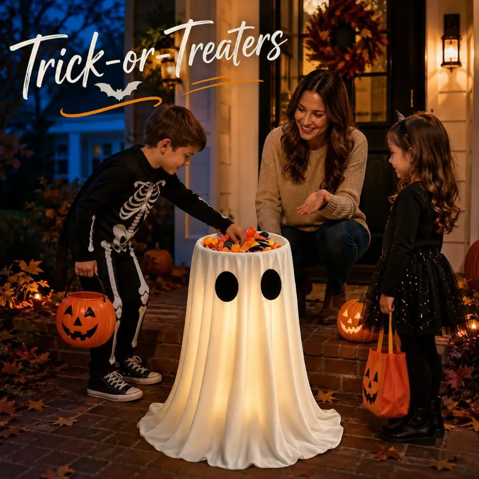 Light Up Ghost Candy Bowl Holder with Timer Remote, Large Draping Sheet Tabletop Stand - Halloween Home Party Yd Decor, Spooky Cute Treat Bucket Capacity Holder (Garden & Home Improvement Decor)
