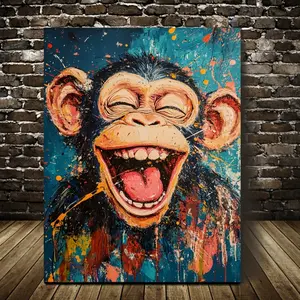 1 Piece of Vivid Abstract Monkey Canvas Art, - Wooden Frame, Smiling Monkey Wall Decoration, Suitable for Living Room, Office, Cafe, Kitchen, Dormitory, Bathroom, Restaurant, Home Decor, Abstract Animal Wall Art