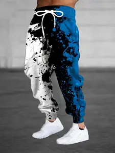 Men's contrasting ink splash printed sweatpants with drawstring casual sports trousers, suitable for gift giving