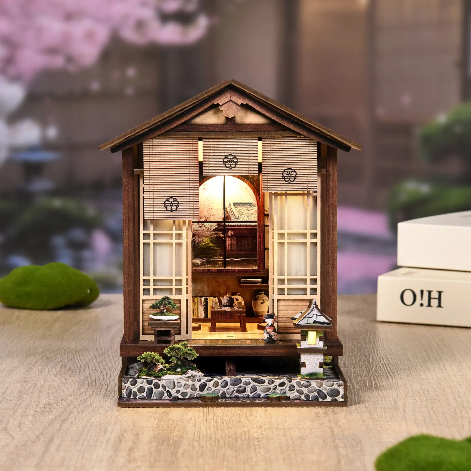 Japanese Tea House DIY Dollhouse Kit – Handmade Miniature House Book Nook with LED Light | Traditional Japanese Diorama Gift