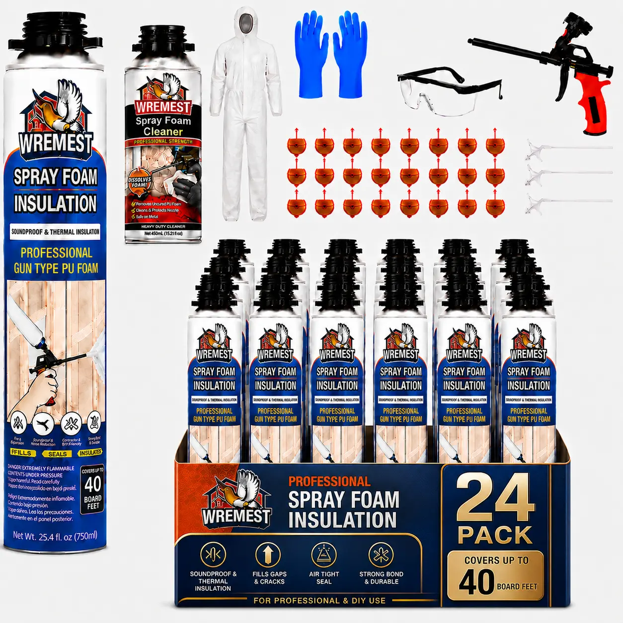 Wremest FullStop Spray Foam Insulation Kit, High-Density Closed Cell Polyurethane 40 Sq.Ft , Single-Component Rapid-Curing Thermally Adhesive Expanding Sealant with SafetyGoggles for DIY Energy Savings, Sound Insulation on Walls,Sheds, Boats
