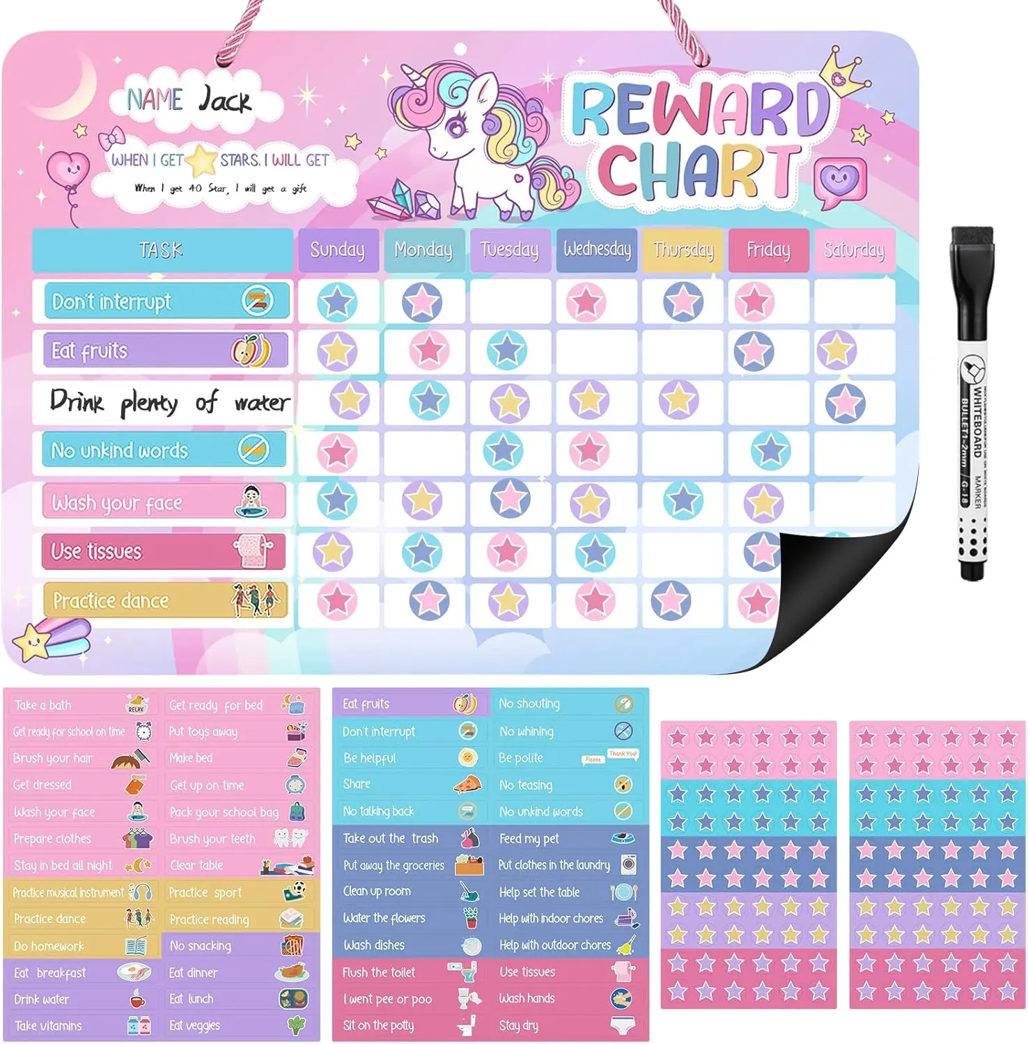 Reward Chart for , Unicorn Design  Behavior Chart for  at Home with 52 Chore Charts, 120   Stickers Dry Erase Responsibility Chart for  Potty