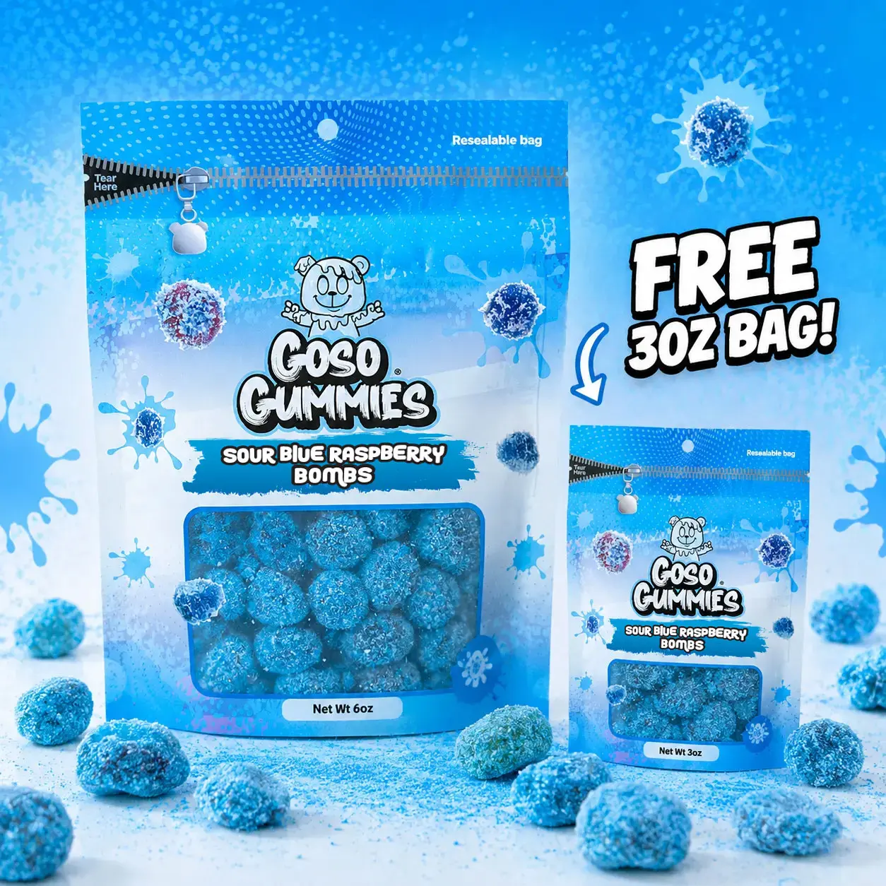 Sour Blue Raspberry Gusher Bombs 6oz + FREE 3oz Bag | Sour Gusher Bombs Candy Bundle | Blue Raspberry Viral TikTok Candy