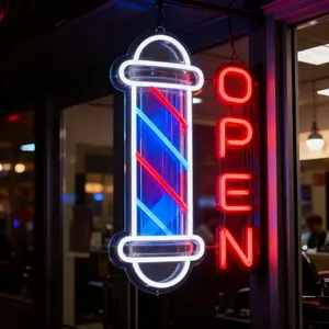 Barber Pole OPEN Neon Sign, USB Powered Dimmable Red Blue LED Neon Light, Barbershop Hair Salon Business Wall Decor, Commercial Store Sign for Barbers
