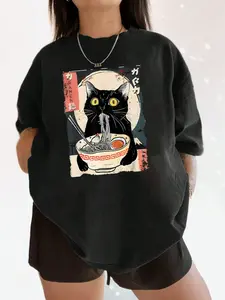 Women's Cat & Ramen Noodles Print Round Neck Tee, Fashion Casual Printed Crew Neck Short Sleeve T-Shirt for Daily Holiday Vacation Outdoor Wear, Ladies Clothes for Summer