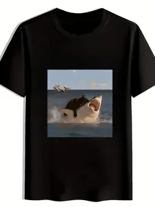 Print T-Shirt, Cute Abstract Cat Emoji Style, Y2K Tiktok Trend, Unisex Casual Streetwear, Comfortable Breathable, Perfect Gift