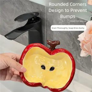 Cute Ceramic Apple Soap Dish Self Draining  Red Fruit Shape Soap Bar Holder - Aesthetic Bathroom Vanity Accessories & Dopamine Decor - Unique Housewarming Gift