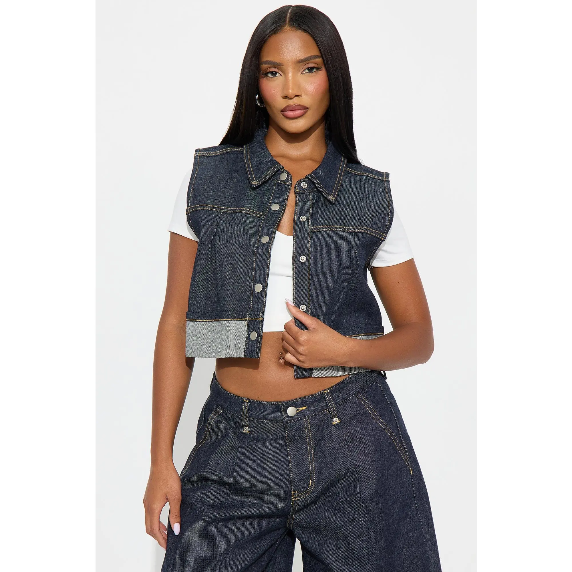 Premium Selvedge Cuffed Denim Vest - Dark Denim