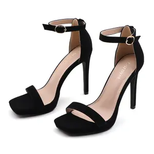 Women's Platform High Heels Sandals One Band Strap Square Open Toe 4-inch Stiletto Heel Footwear with Adjustable Buckle Ankle Strap Girl Fashion Comfortable Summer Casual Dress Heeled Shoes for Wedding Party Work Office Daily Wear