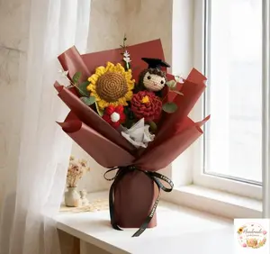 Handmade Crochet Flower Bouquet - Sunflower and Rose Doll Arrangement, Teacher Appreciation Graduation Gift, Home Decor Artificial Flower