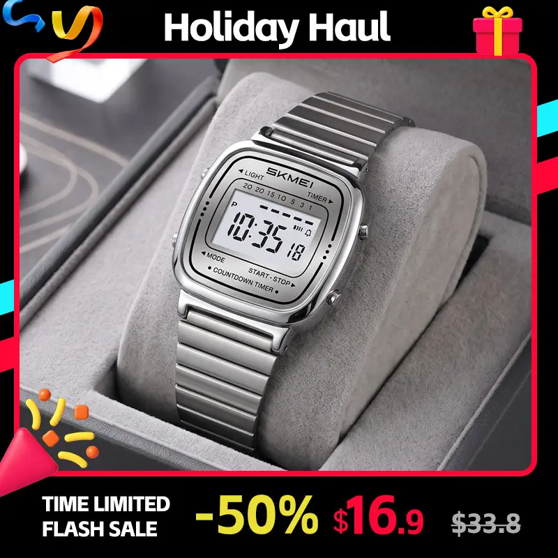 SKMEI Minimalist Slim Profile Unisex Digital Watch with Polygonal Dial, Steel Bracelet, Multiple Functions - Stopwatch, Alarm, Date, Day, EL Backlight - Sport-Casual Wristwatch for Work, Daily Wear