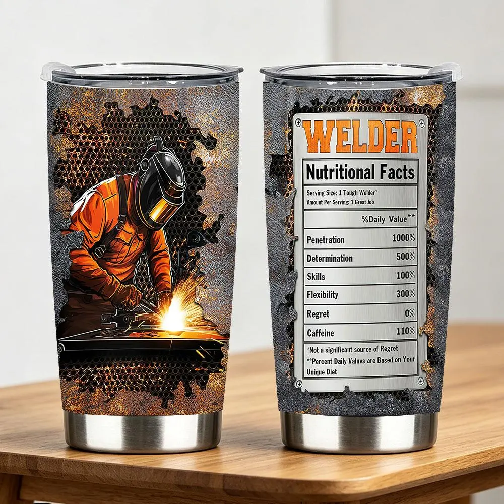 1-Piece Funny "Nutrition Facts" Insulated Stainless Steel Flask - Cylindrical Welders' Tumbler with Industrial Rust Metal Mesh Welding Spark Print, Multi-Sizes (12/18/20/30/40 oz) Travel Mug, Perfect Appreciation Gift for Construction Workers