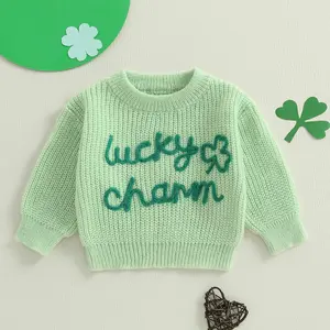 Emmababy Kids Toddler Baby Girl Boy Irish Festival Sweater Shamrock Letter Lucky Charm Embroidery Long Sleeve Knitwear Pullover Tops Jumper for St. Patrick's Day