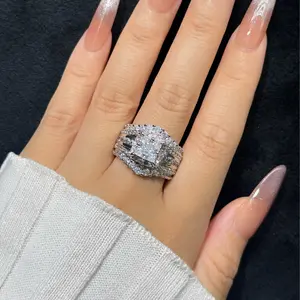 Square Five-in-One Ring, Micro Pave 5A CZ Stones Halo Design, Perfect Engagement Wedding Rings for Women