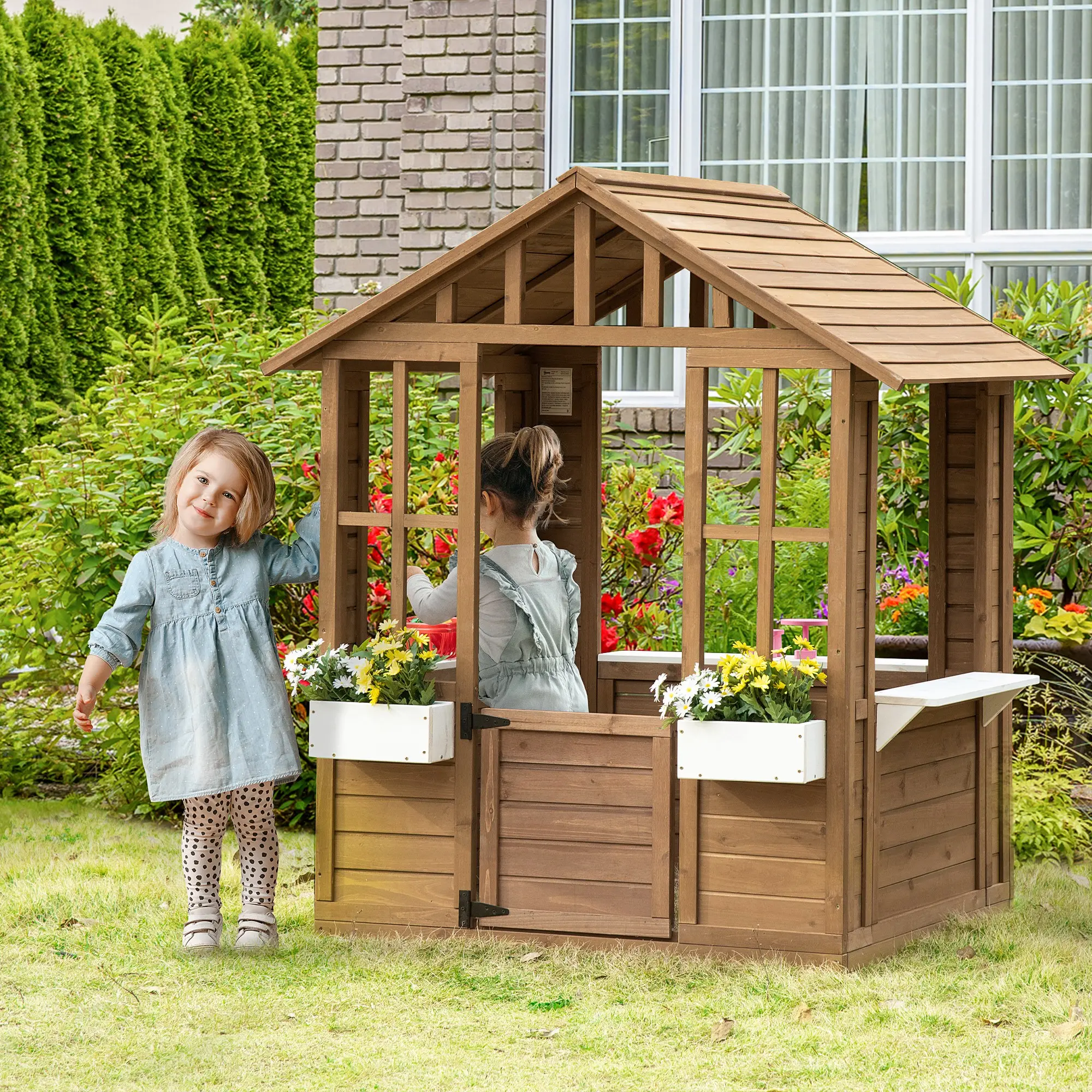 Unisex Kids Wooden Playhouse Outdoor Sports Play Equipment - Backyard Playsets, Backyard/Garden Cottage with Easy Access Working Door, Windows, Flower Pot Holder, 46.75" L x 38.25" W x 54.25"