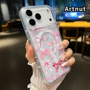 Clear Phone Case Compatible with iPhone 17 Pro Max 16 Plus 15 14 13 12 11 Air E Pink Bow Symphony Magnetic Sunction Acrylic Drop-Resistant Protective Cover Gift for boy girl