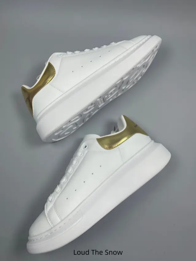 Pair White Metallic Gold Heel Platform Leather Sneakers Thick Shock Absorb Chunky Midsole Lace Up Casual Skate Shoes Unisex Matching Daily Walking Footwear