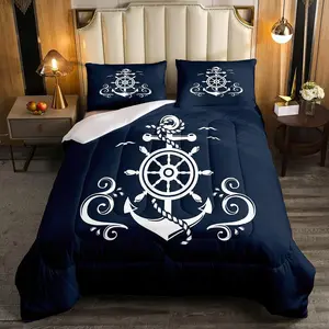 Feelyou Soft Microfiber Decorative Bedding Set - Navy Blue Polyester Fiber Duvet Insert, Anchor Print, Coastal Compass, Ocean Nautical Sailboat Themed Bedroom Linens, Travel-Ready Soft Bedding Sets