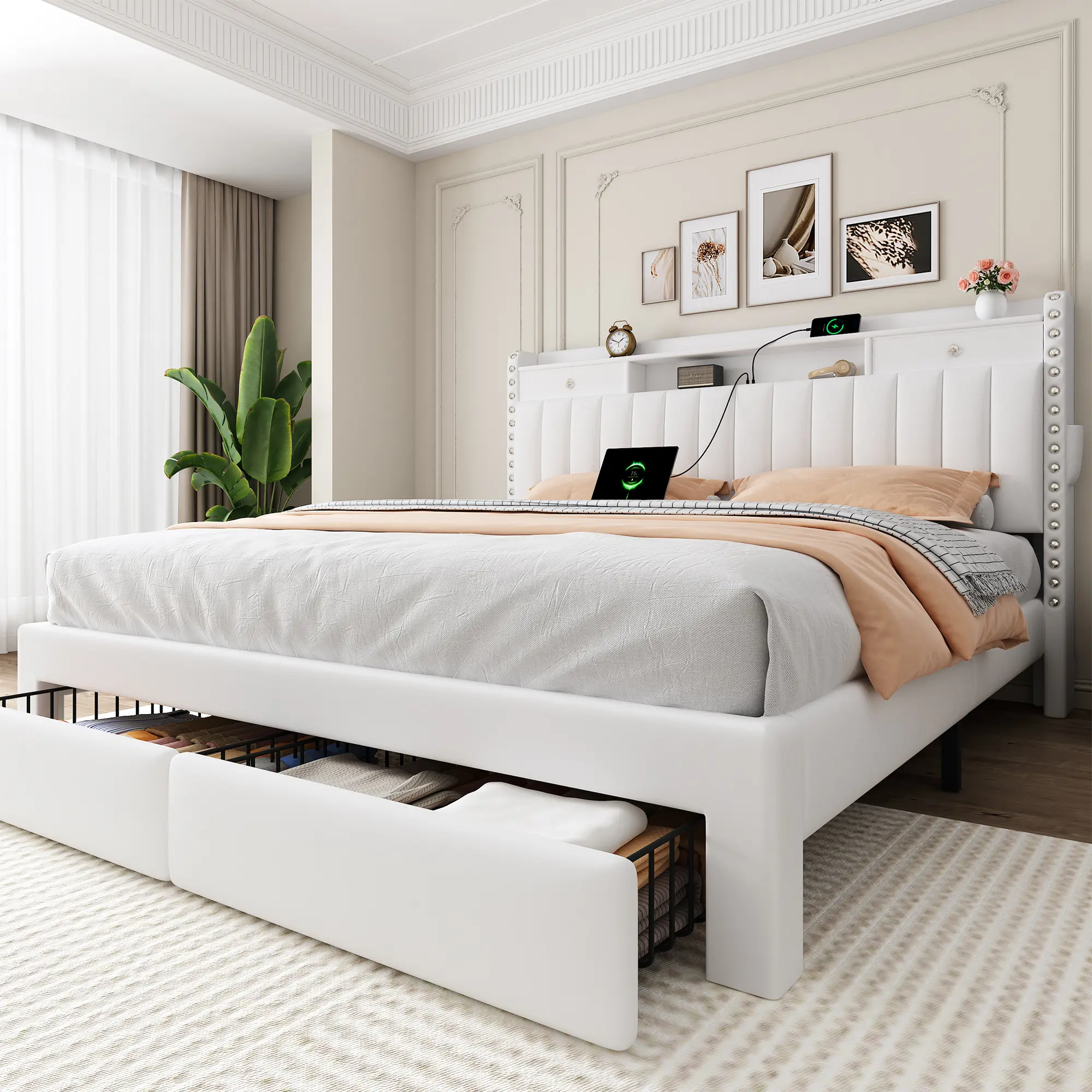 TryLazy Furniture Bed Frame with 4 Drawers, Headboard with Storage and 2 USB & 1 Type-C Charging Ports, Noise-Free, No Box Spring Required, Easy Assembly