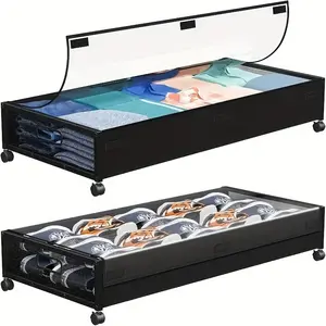 2pcs Under Bed Storage with Wheels, Underbed Storage Containers with Clear Lids - Rolling Drawers & Bins for Clothes, Shoes, Toys, Books, Blankets, Bedroom Storage Box Black And Gray, Under-Bed Storage