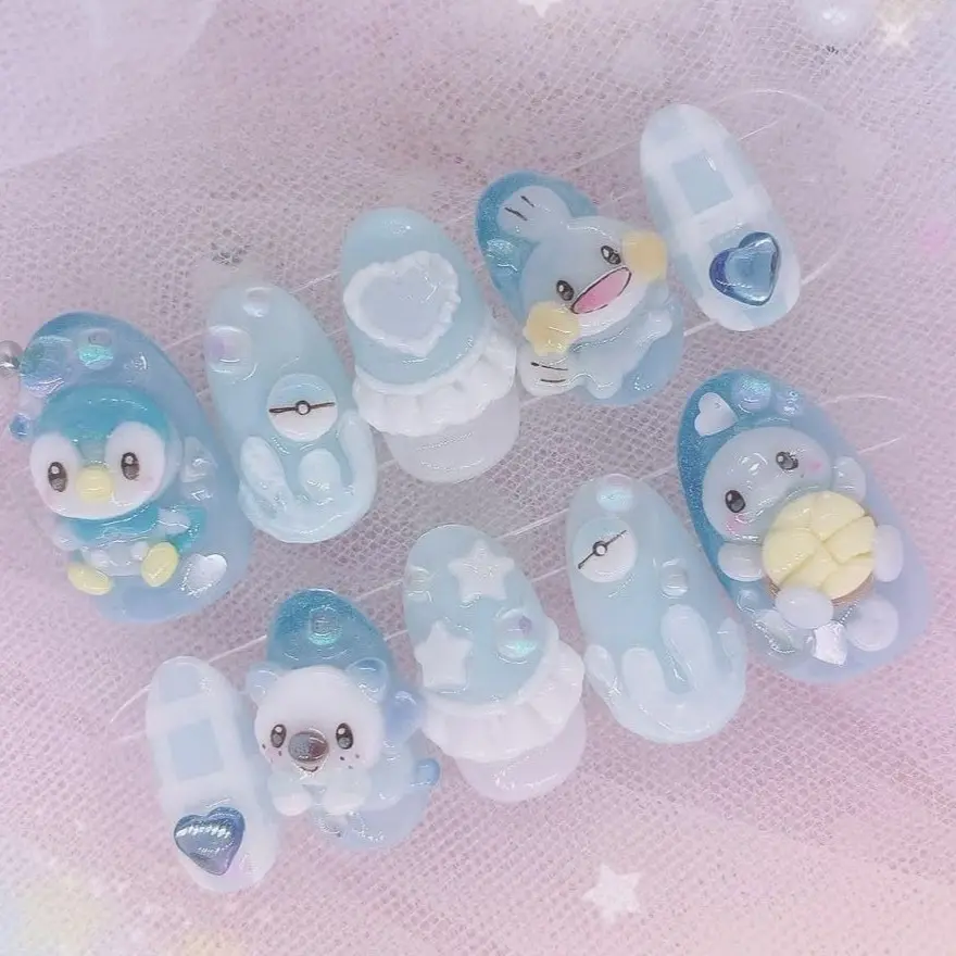 Pokemon Water Starter Press On Nails – Handmade Piplup, Mudkip & Oshawott 3D Gel Nails | Reusable Blue Pastel Glossy Fake Nails with Gift Set (Adhesive Tabs, Nail File, Cuticle Stick)