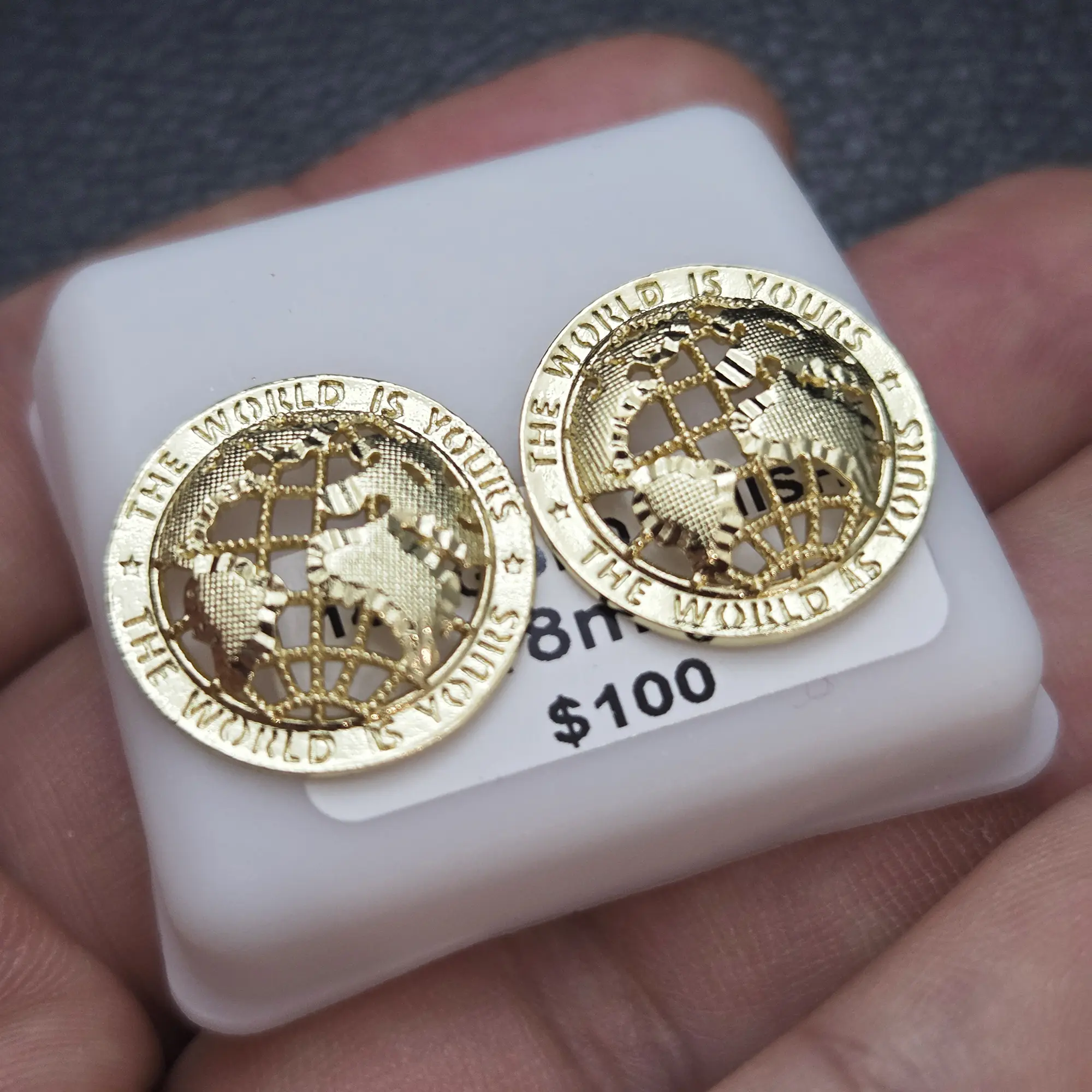 MaxBling81 Men's High-End AAA+ Brass Gold Plated THE WORLD IS YOURS 3D Hip Hop Style Stud Bling Earring Earrings