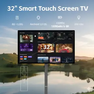 32 Inch Smart Portable TV on Wheels,FHD Touch-Screen-Monitor,Wireless RollableTV, 8G RAM,128G Storage,Built-in6-8H Battery,Android 14,Full Swivel Rotation,Remote Control Grey HD Tablet