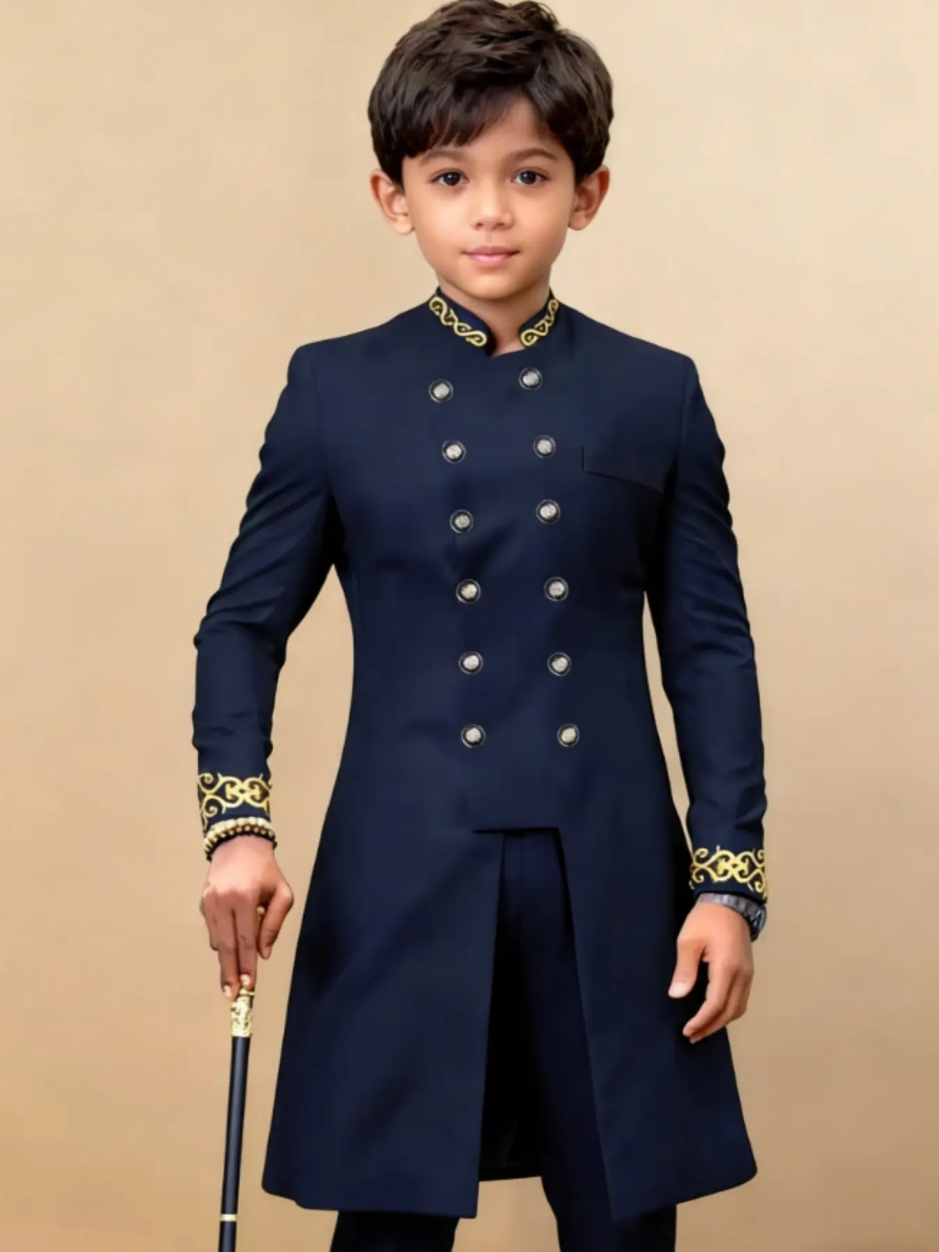 African Style Boys Notched Collar Double-Breasted Formal Suit, Navy Color with Gold Thread Embroidery Long Blazer Set for Special Occasions, Cultural Richness