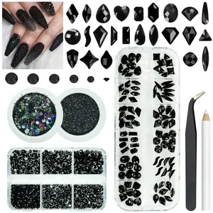 4 Boxes Jet Black Nail Rhinestones and Glitters 24 Shapes K9 Glass Flatback Gems Round Stones Diamonds Crystals Nail Art Charms for Acrylic Nails Faces Eyes Makeup DIY Crafts Tumblers Clothes Shoes