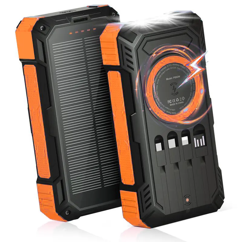20000mAh Solar Power Bank, Rugged Outdoor Portable Charger with Wireless Charging, Built-in Cables & Dual LED Flashlight