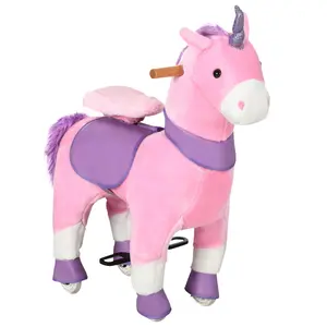 Qaba Ride on Real Walking Unicorn with Sparkly Horn Gift for Christmas Day Birthday, Soft Plush Ride on Rocking Horse Bearing 176lbs, Imaginative Interactive Toy for Kids, Unicorn Gifts