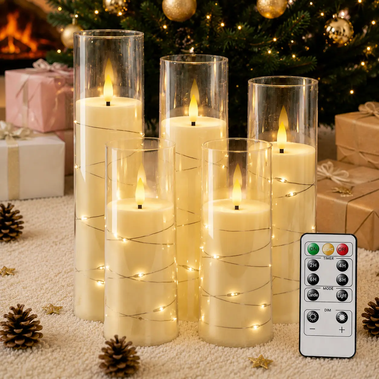 5PCS Flameless LED Candles with Embedded Star String, 5 Pcs Battery Operated Acrylic Pillar Candles with Timer and Remote, Flickering Candles for Romantic Ambiance and Home Decoration Mood Decorative Led Ambient Light Back to School Summer Sale Deals