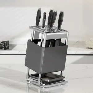Knife Block with Drain Tray，Knife Holder without Knives,Kitchen Storage Knife Rack Decoration,Slanted Knife Stand,Countertop Knife Storage,Carbon Steel Cutlery Display Organizer "