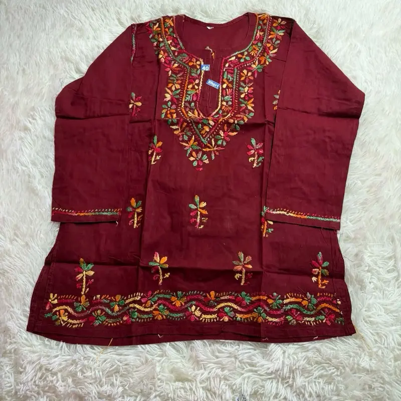 Pure Cotton Chickankari Handmade Short Tops 30 Inch Length Casual Wear with Vibrant Embroidery Details