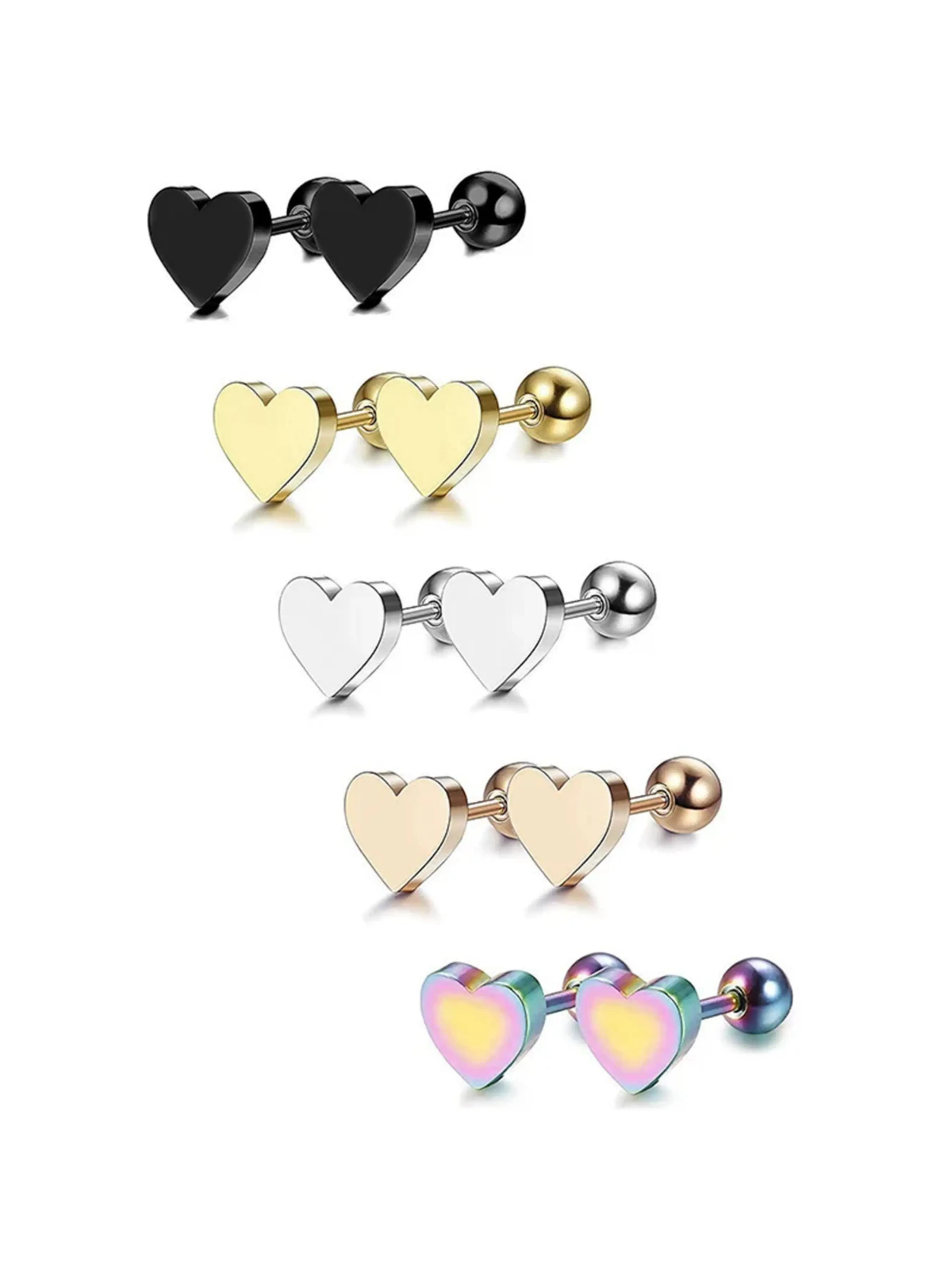 1/5Pairs Cute Fashion 16G Love Heart Stud Earrings for Women Girls, Screw Back Cartilage Tragus Conch Helix Ear Piercing Jewelry, Heart Shape Earrings, Heart Shaped Earrings
