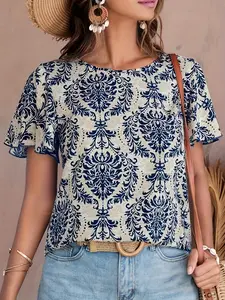 A printed ruffled sleeve village shirt