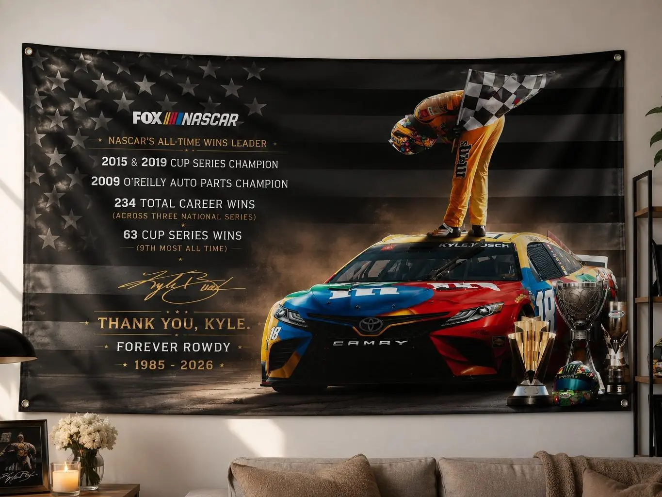 Kyle Busch Forever Rowdy Flag 3x5 FT NASCAR Memorial Banner Tribute Gift for Racing Fans Decor