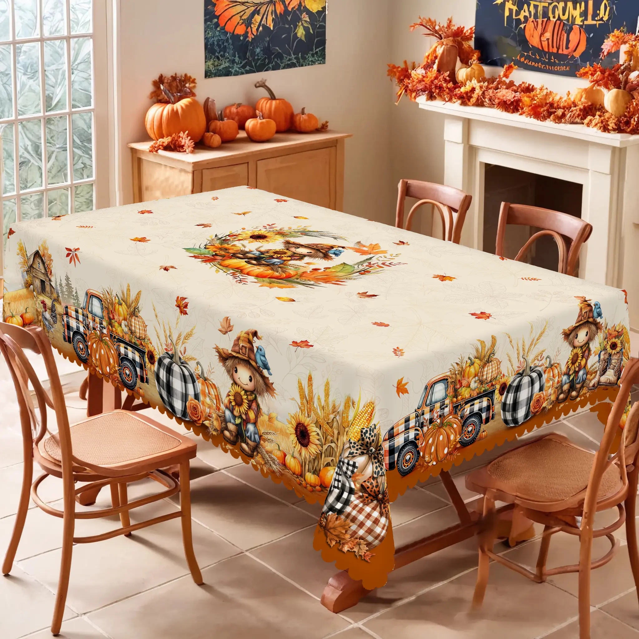 PLUMLIK Vintage Embossed Polyester Fall Harvest Tablecloth - Home Supplies, Multi-Size Rectangle/Round, Scarecrow Pumpkin Flower Prints, Farmhouse Decor for Indoor-Outdoor Party Kitchen Accessory, Embossing, Flowers, Machine Wash