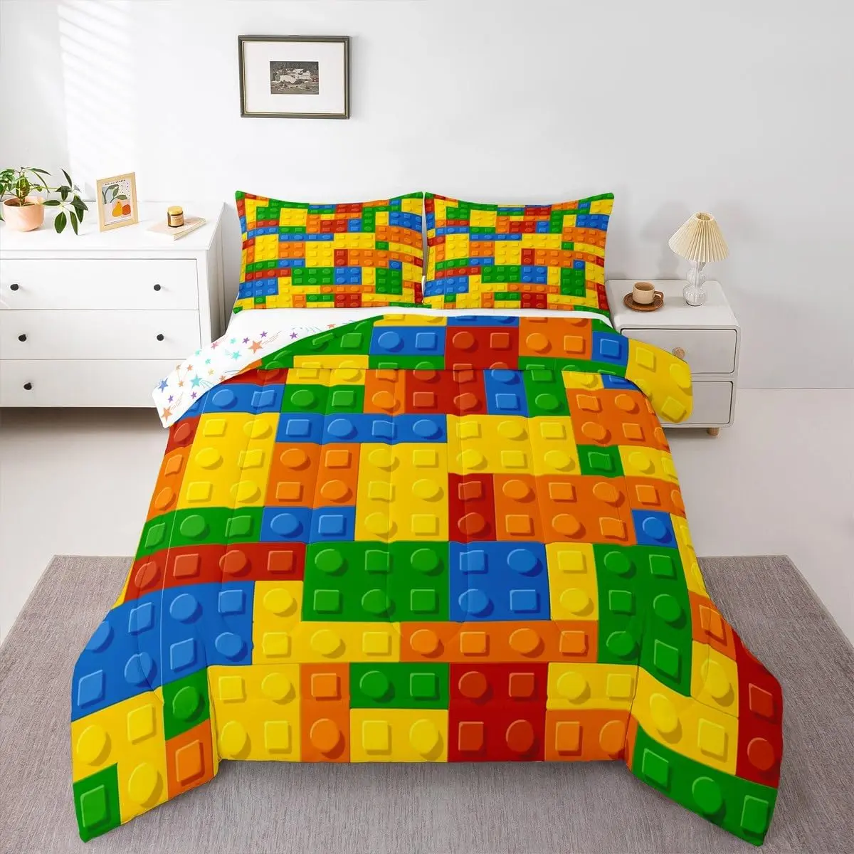 Feelyou Microfiber Geometric Bedding Set - Digital Print Gaming Toy Brick Comforter, Kids' Nursery Duvet, Gentle Soft Blanket, Soft Texture, Breathable, Machine-Washable, Twin, Full, Multi-Size Sets