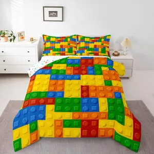 Feelyou Microfiber Bedding Set - Digital Print Gaming Toy Brick Comforter, Colorful Geometric Building Blocks Nursery Quilt Duvet for Kids, Breathable Soft Blanket, Machine Washable Multi-Size