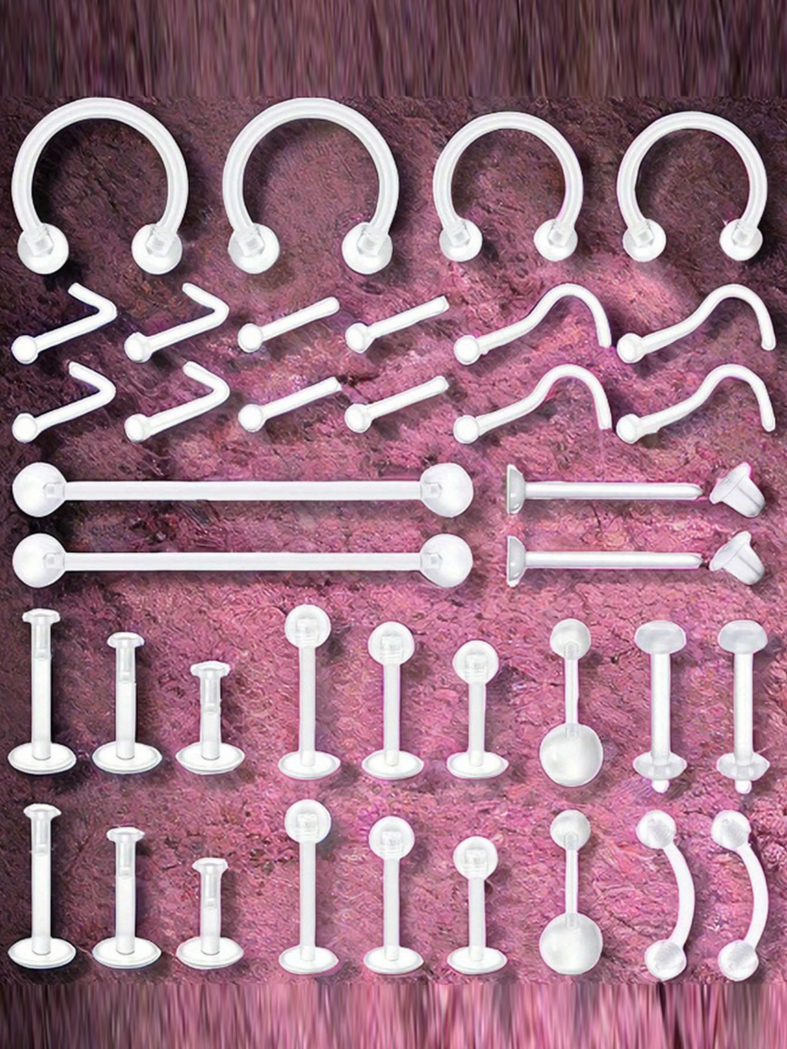 38pcs Clear Piercing Retainers, Bioflex Nose Rings, Nose Hoop, Belly Rings, Septum, Eyebrow, Lip, Cartilage, Tragus, Earring Retainer, Industrial Bar, Body Piercing Jewelry, Body Piercing Kit