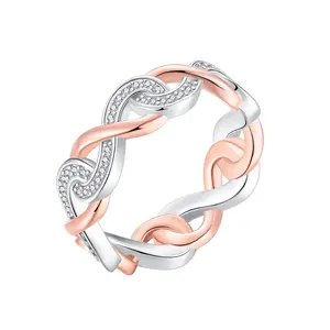 Two-Tone Rose Gold&Silver Interlocking Ring with Sparkling CZ, Twist Band for Women, Stackable Jewelry Gift