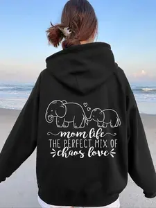 Women's Elephant & Letter Print Drawstring Hoodie, 1 Count Casual Long Sleeve Kangaroo Pocket Hooded Sweatshirt for Fall & Winter, Ladies' Clothes