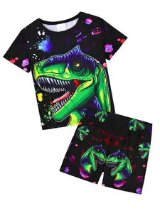 Boys' 2-Piece Short Pajama Set, Dinosaur Print Sleepwear, Casual Comfortable Fit, All-Over Cartoon Pattern, Daily Wear Home Clothes, Pajamas
