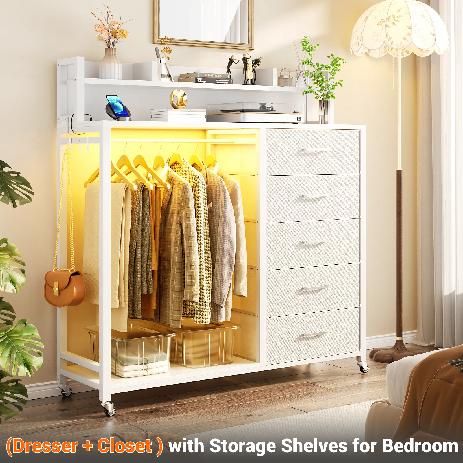 iSunirm Modern Drawer Organizer Cabinet - 5 Fabric Drawers, Charging Station, LED Lights, Clothes Rack, Lockable Wheels, Storage Shelves for Bedroom, Entryway Indoor Storage