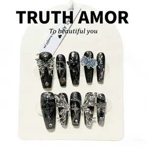 10Pcs TRUTH AMOR Dark Fairy Tale Press On Nails, Deep Purple Glitter Fake Nails with Silver Butterfly & Purple Rose Charms, Punk Gothic Style Reusable False Nail Kit, GothicNails, ButterflyNails, DarkNailArt, PressOnNails