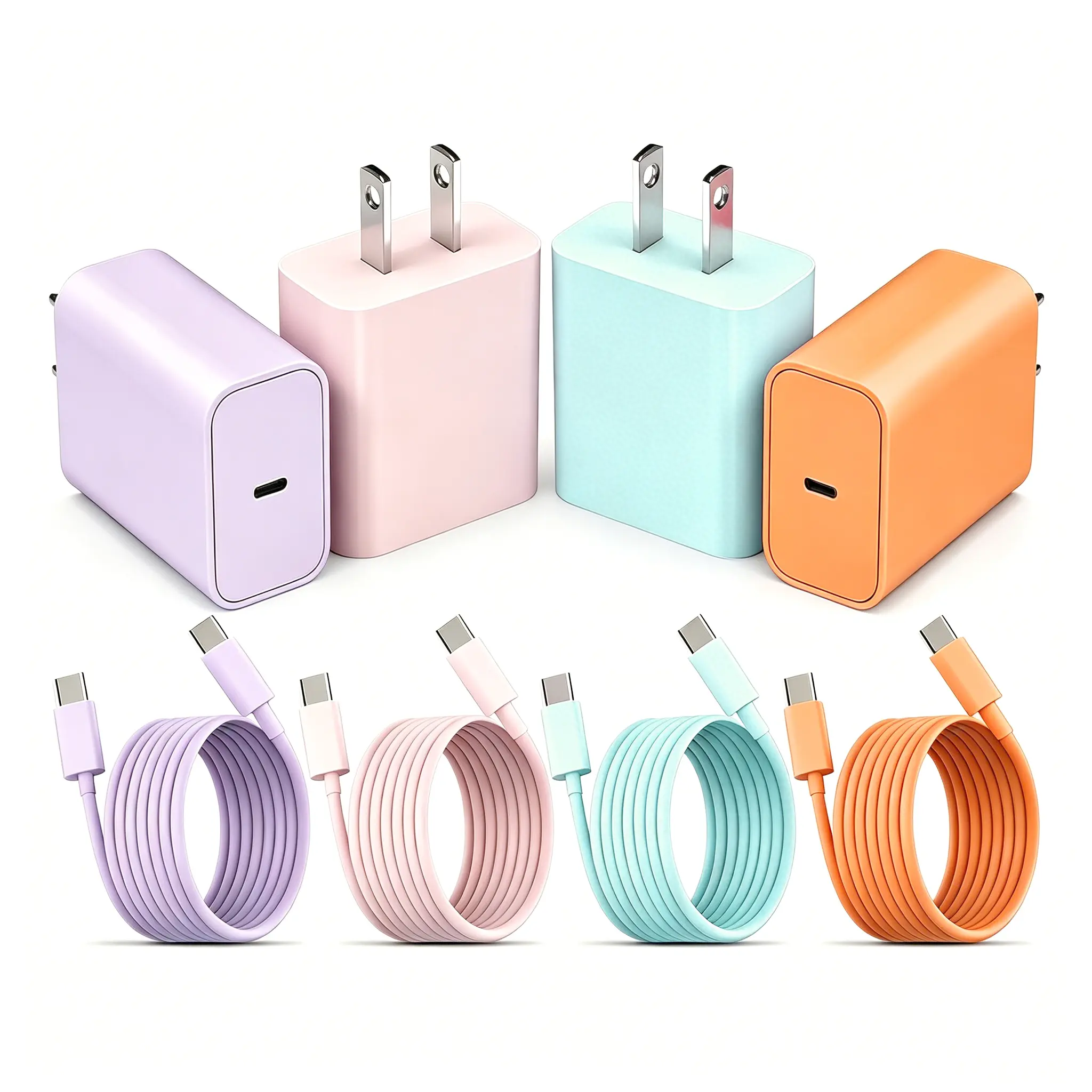 20W PD Fast Charging USB-C colorful Charger Kit, with a 6-ft durable Type-C cable, compatible for iPhone 17/16/15, Apple Watch/iWatch Series Ultra/11/10/9/8/7/6/SE/SE2， for AirPods 4/3/2/1; Assorted Colors: Pink, Purple, Green, Orange, White Android Cord