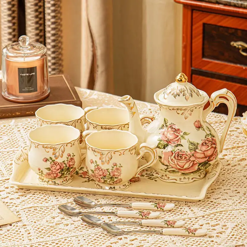 1 Set Vintage Rose Porcelain Tea Set with Teapot, Cups, Serving Tray & Teaspoons, Service for 4, Elegant Durable Tea Ware, Tea Party Set, Perfect Gift Home