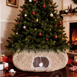 Tunnel Christmas Tree Skirt Large Soft Plush Tunnel Bed Under Christmas Tree for Indoor Cats 36" Circle Donut Tube Bed with Central Mat for  Puppy  Kitten Xmas Gifts(Beige)